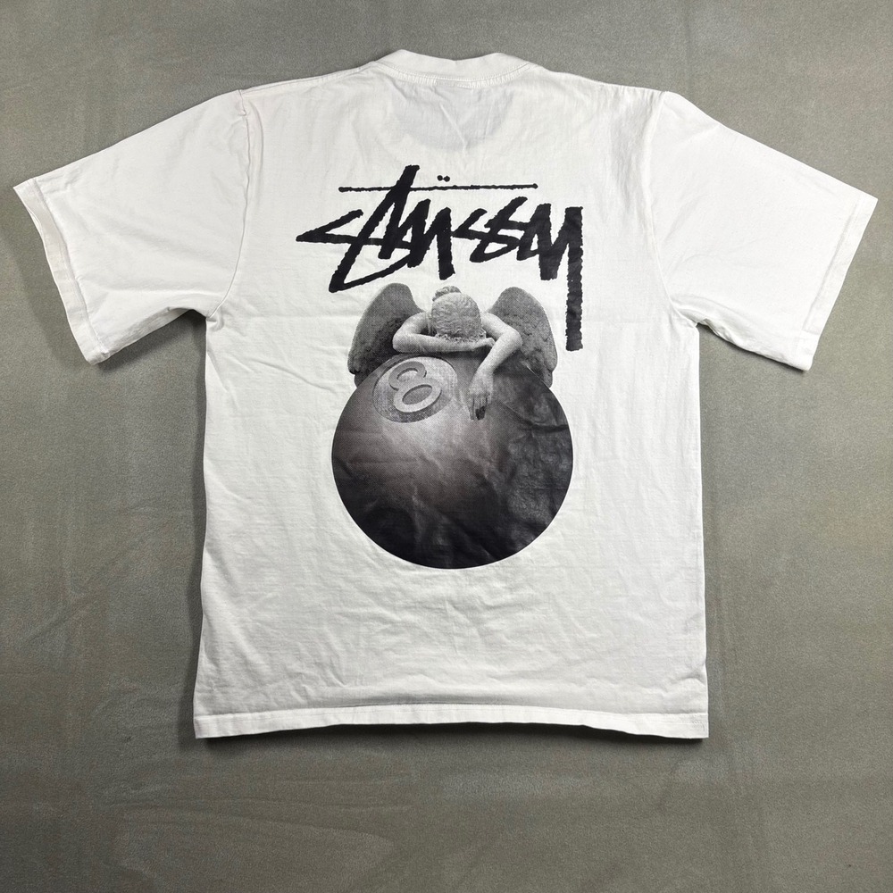 Stussy Angel 8 Ball Graphic T-Shirt Mens Medium White Streetwear Short Sleeve